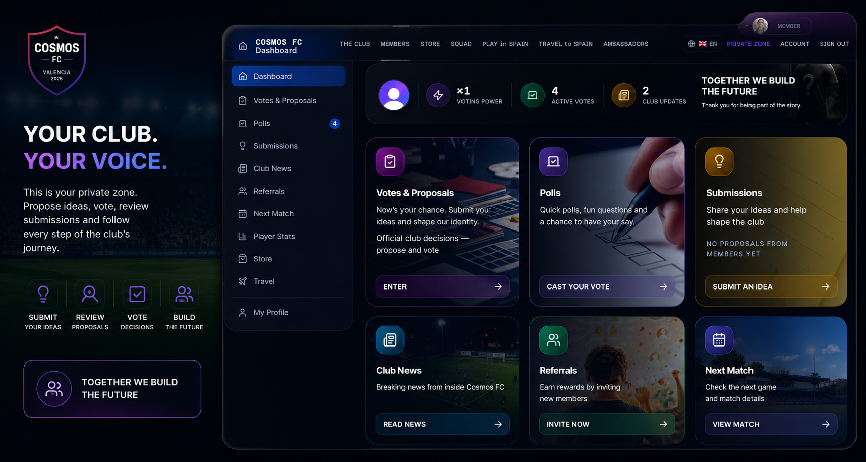 Dashboard der privaten Zone von Cosmos FC